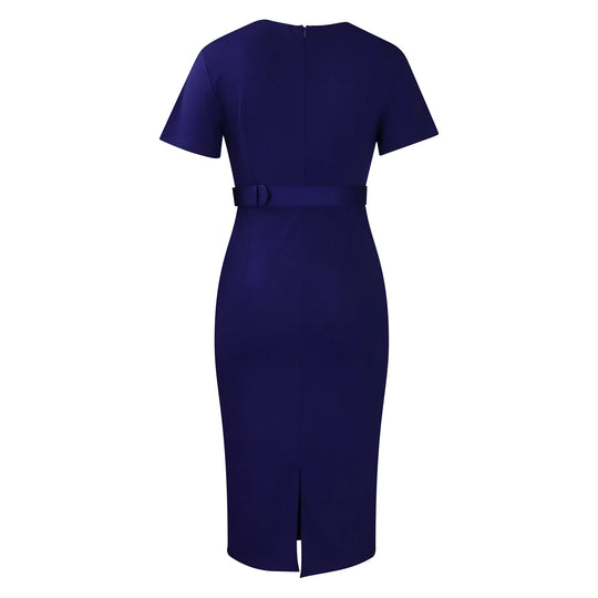 Elegant Office Dresses for Women V Neck Short Sleeve Belt Waisted Pleated Mid Calf Formal Business Work Wear Dress Midi Clothes
