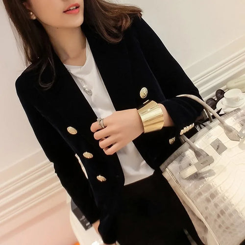 New Spring Fashion Women Midnight Navy Slim Velvet Blazer Office Lady