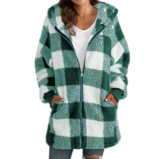 Womens Polar Fleece Long Sleeve Coat Fashion Plaid Casual Loose Pocket Zip Hooded Pullover Jacket Office Commuter Street Outwear