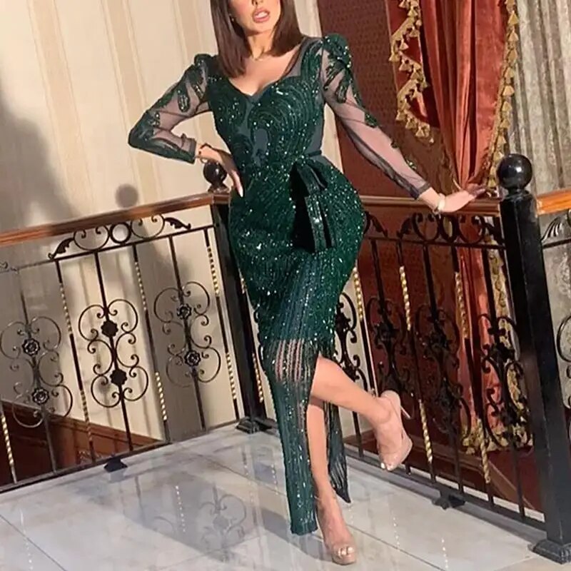 New Fashion V-neck Sparkling Hot Printed Green Long Sleeves