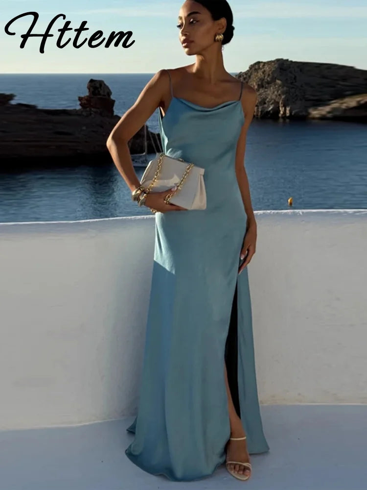 Elegant Split Women' s Dresses Solid Square Collar Backless Sleeveless Long Dress Female 2025 Summer Party Evening Robes