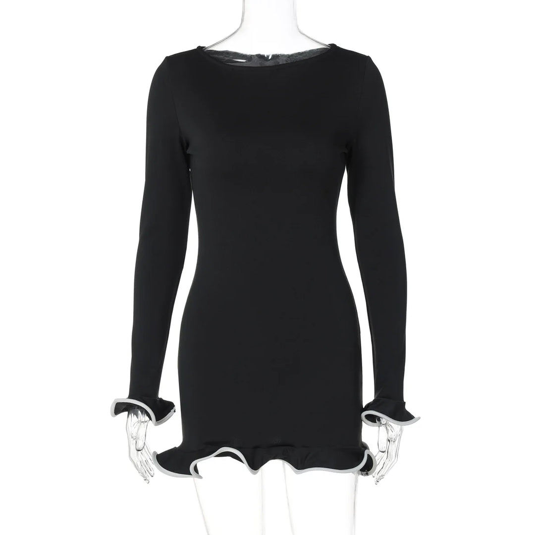 Talenza Black Ruffle High Waist Mini Dress Women's Sexy Slim Long