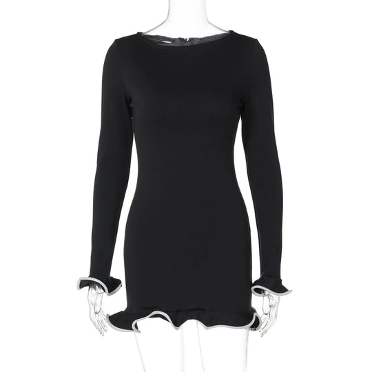 Talenza Black Ruffle High Waist Mini Dress Women's Sexy Slim Long