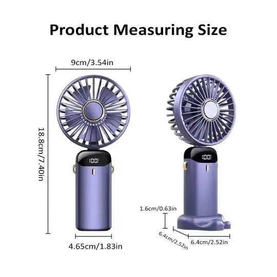 1800mAh Handheld Mini Fan Foldable Portable Neck Hanging Fans 5 Speed USB Rechargeable Fan with Phone Stand and Display Screen