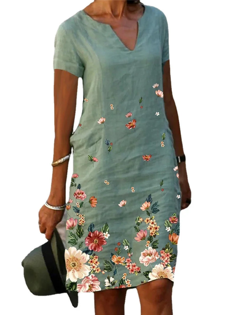 2024 Summer Elegant Women Dress Oversize Printed V-neck Dresses Female