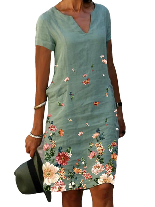 2024 Summer Elegant Women Dress Oversize Printed V-neck Dresses Female