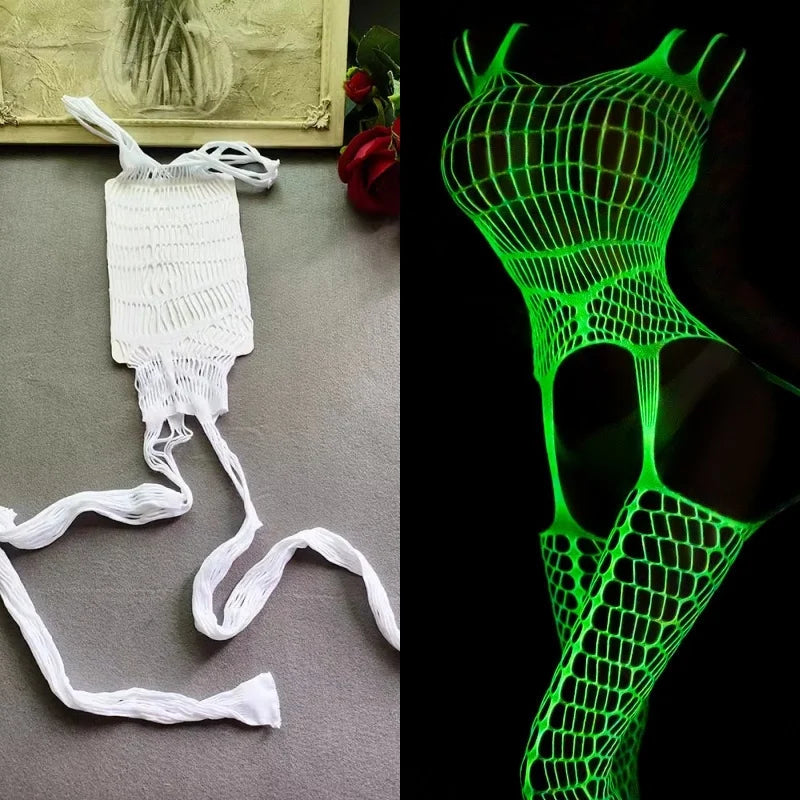 Luminous Fishnet Tights Women Elastic Mesh Open Crotch