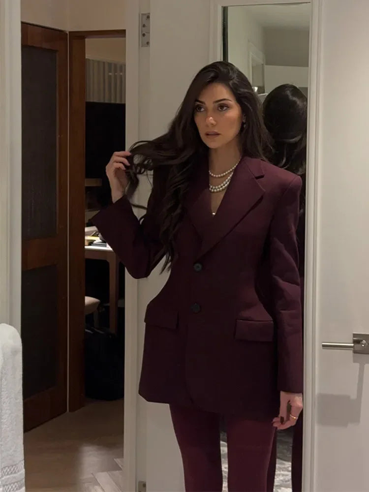 Fashion Casual Burgundy Red Women Slim Blazer Jackets Elegant Lapel
