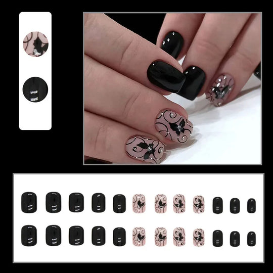 24pcs/set short saure fake nails for Spring summer season french style flowers butterfly design press on false nail art tips
