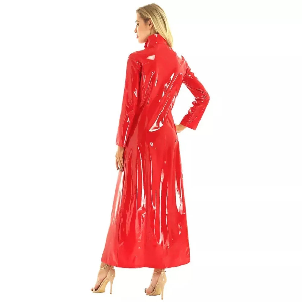 Wet Look PVC High Split Long Dress Shiny PU Leather Windbreaker Outwear Vestido Tights Performance Dresses Robe Faldas Jackets
