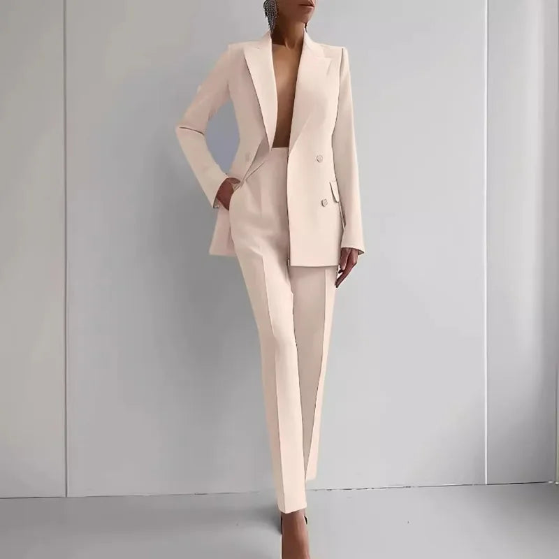 Women New 2pcs Clothes Set Solid Color Long Sleeve Blazer Jacket High