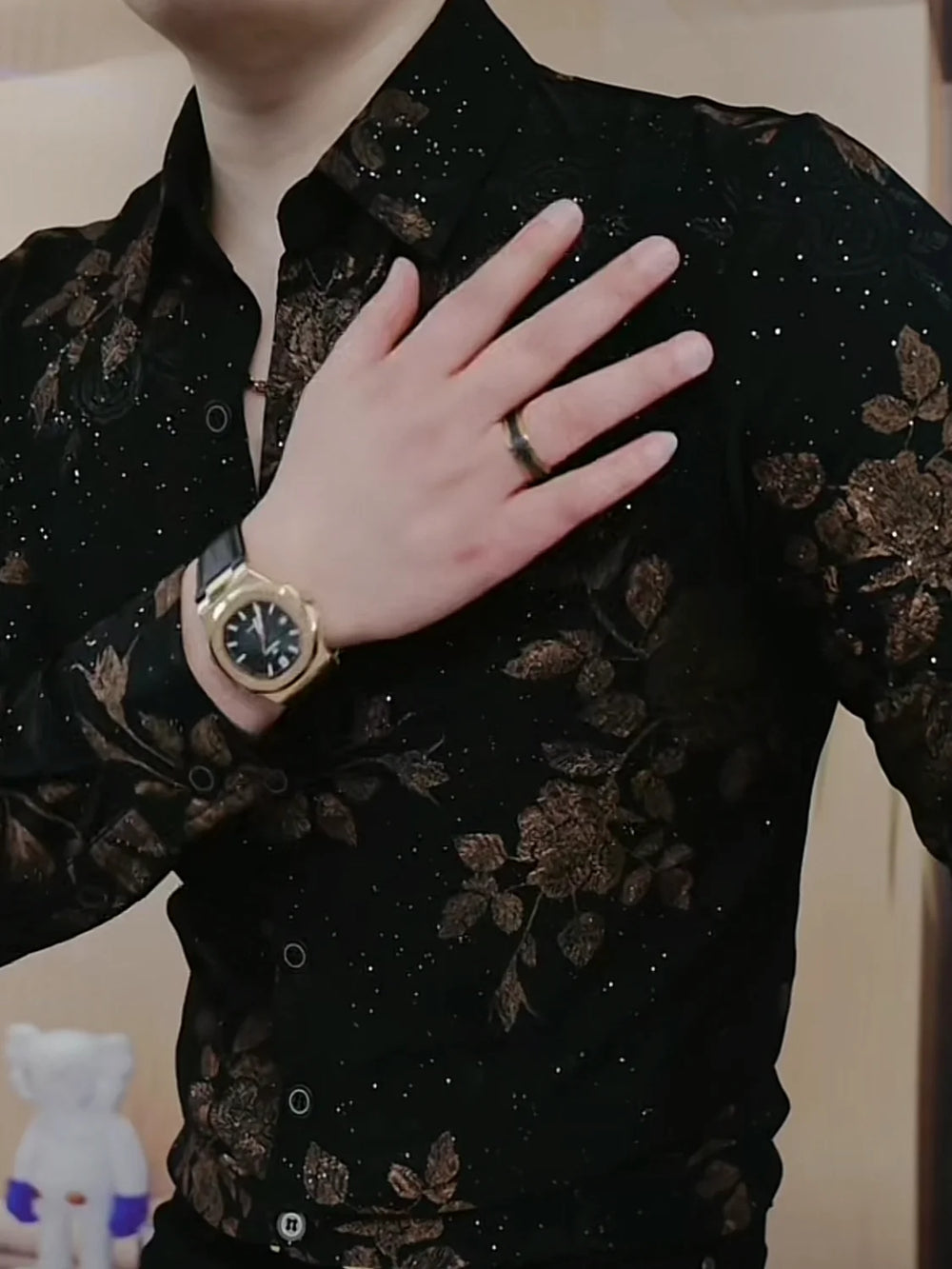 New Long-sleeved Printed Lapel Shirt Versatile Men Fashionable Thick Korean Button Sequins