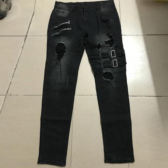 Street Skinny Ripped Jeans Men Denim Cargo Pants Wash Solid Color