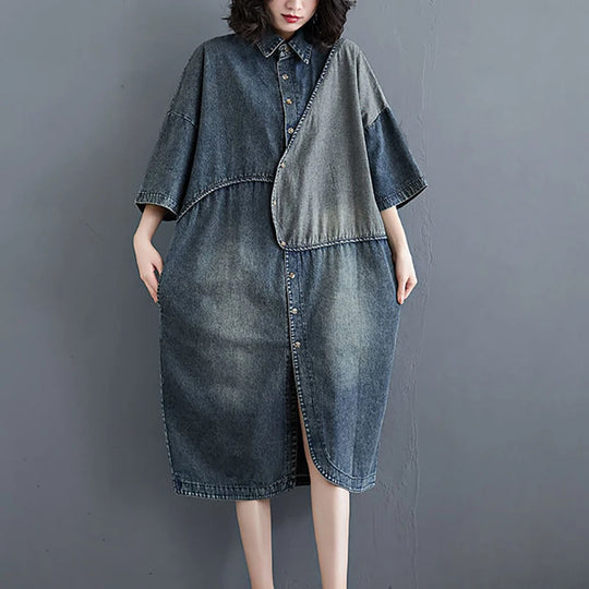 Fashion Lapel Button Pockets Loose Denim Casual Dresses Female Clothing 2024 Summer New Oversized All-match Midi Dress