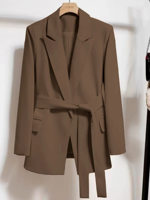 Women's Blazers Spring Autumn Suit Coat Beige Tie Up Jacket Slim Fit