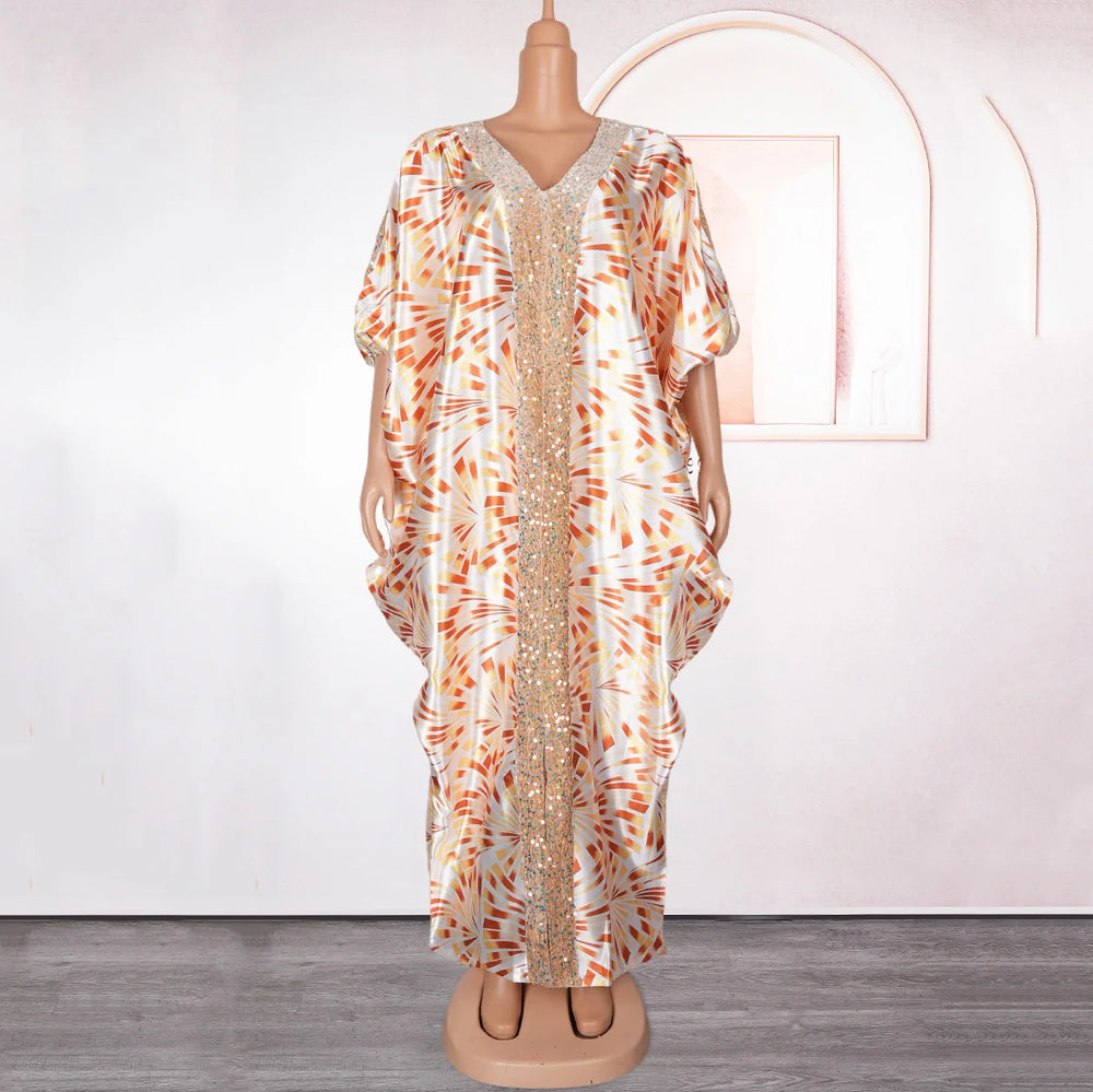 Party Dress Women Elegant Luxury V Neck Batwing Sleeve Sequined Loose Birthday Party Dinner Dress Cloth: Floor Length