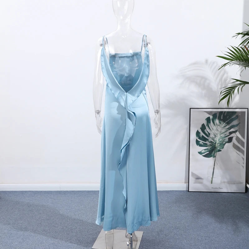 Elegant Split Women' s Dresses Solid Square Collar Backless Sleeveless Long Dress Female 2025 Summer Party Evening Robes