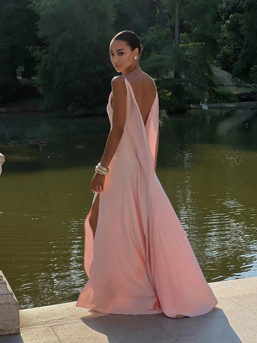 Elegant Split Women' s Dresses Solid Square Collar Backless Sleeveless Long Dress Female 2025 Summer Party Evening Robes