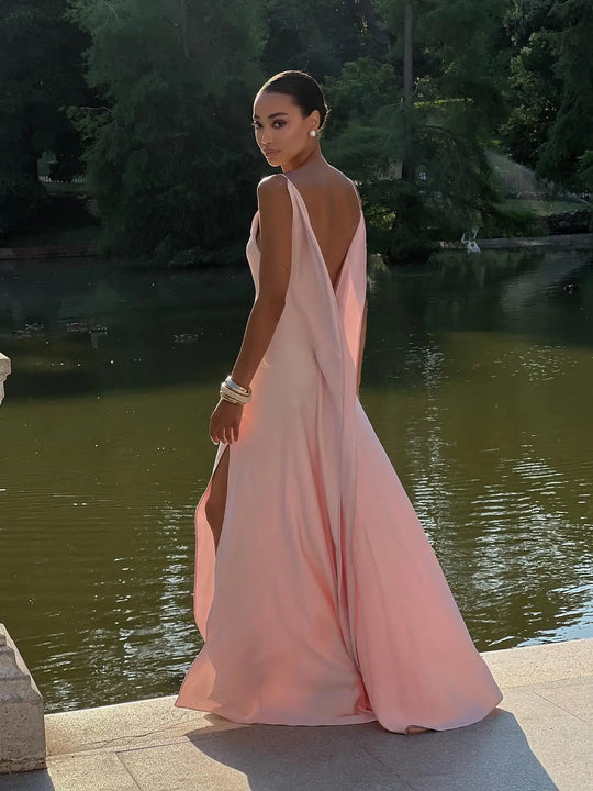 Elegant Split Women' s Dresses Solid Square Collar Backless Sleeveless Long Dress Female 2025 Summer Party Evening Robes