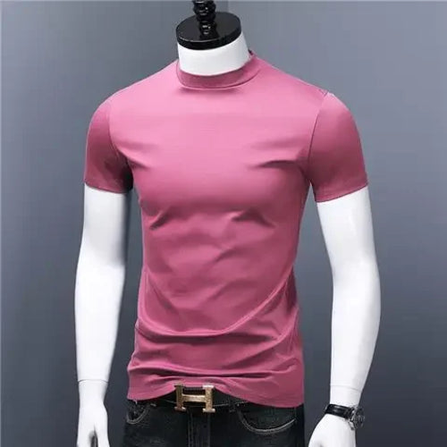 Men's Casual Turtleneck T-Shirts Short Sleeve Solid Slim Fit Silk High