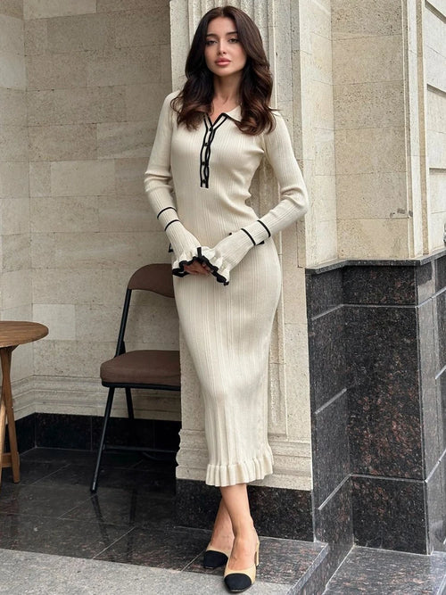 Tossy Ruffled Patchwork Knit Maxi Dress For Women Elegant Ribbed Long