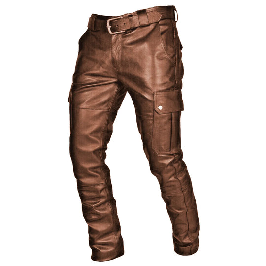 Men's Leather Motorcycle Pants with Cargo Pockets, Black, PU Pants  No