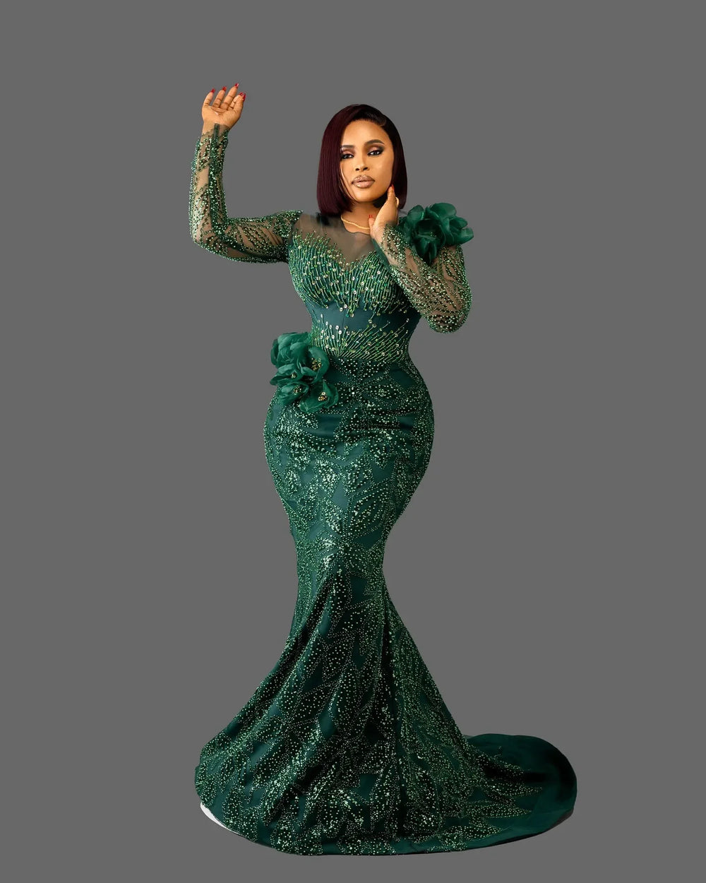 Curvy Size Dark Green Glitter Mermaid Prom Dress Lace