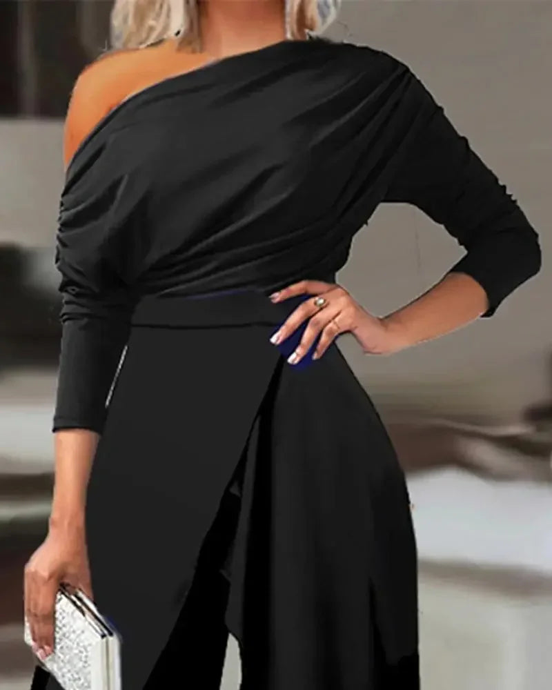 Jumpsuits for Women Plain Elegant Office Lady Loose Ruched One Shoulder Split Hem Wide Leg Jumpsuit