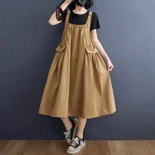 Female Dress Summer Mid-Length Loose Solid Color Pocket Swing Chic Casual Straps Dresses New Women Dress Vestidos Selling