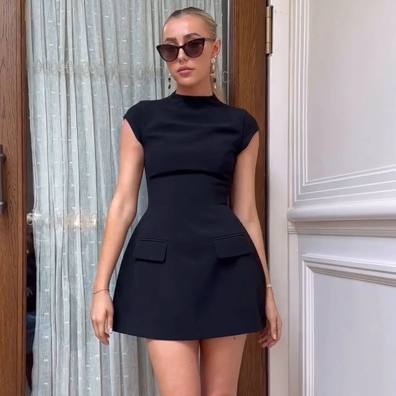 Fashion Sexy A-LINE Dress Women Summer Short Sleeve Black Slim Mini