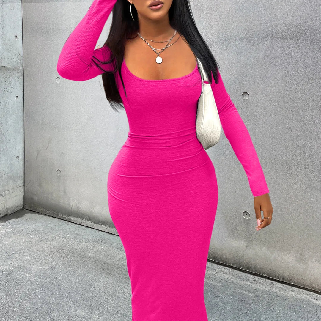 Women Dresses Long Sleeve Sheath Square Collar Slim Fit Dress Vestidos