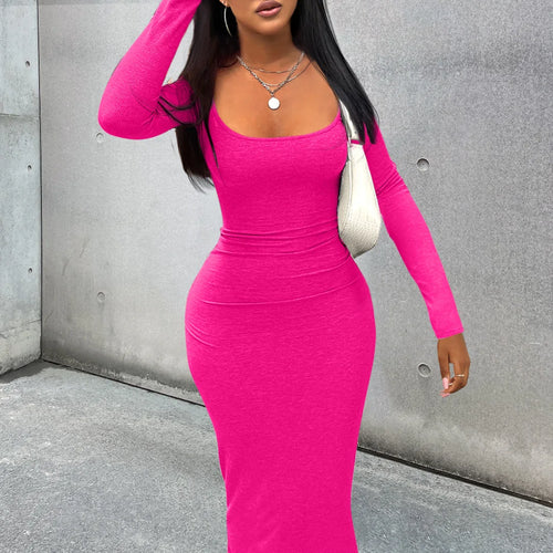 Women Dresses Long Sleeve Sheath Square Collar Slim Fit Dress Vestidos