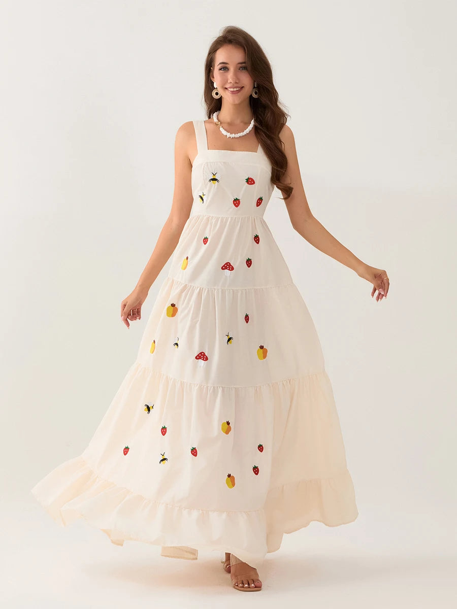 wsevypo Elegant Flower/Strawberry Embroidery Long Flowy Hem Dress