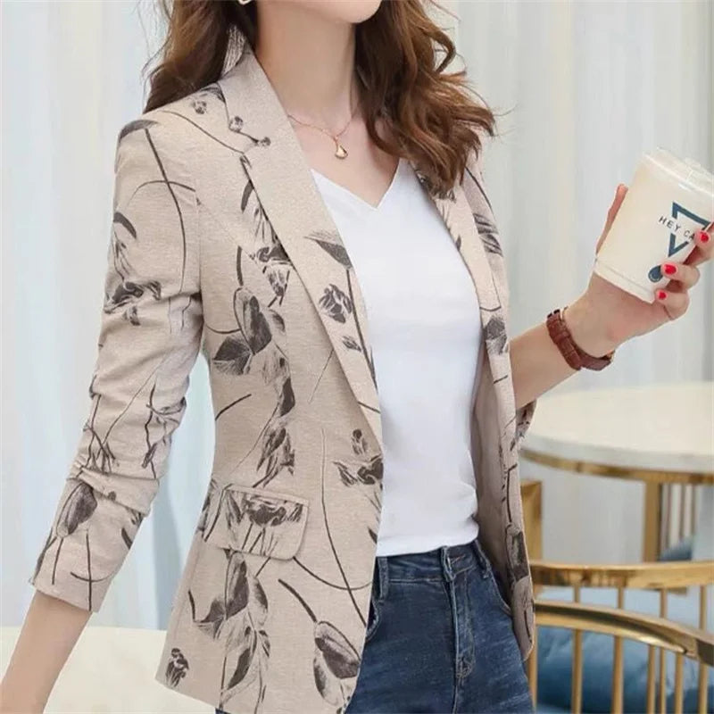 2023 Spring Autumn Women New Printed Small Suit Jacket Female Long