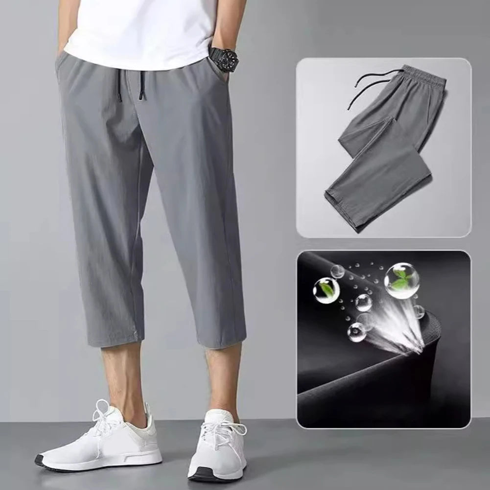 Summer Breathable Casual Capris Pants Men Stretched Nylon Ice Silk