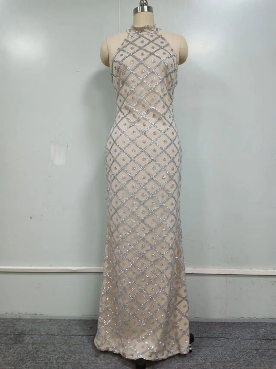 Sparkly Rhinestones Sleeveless Long Dress for Women Elegant Trend Celebrate Evening Wedding Gown Birthday Dresses