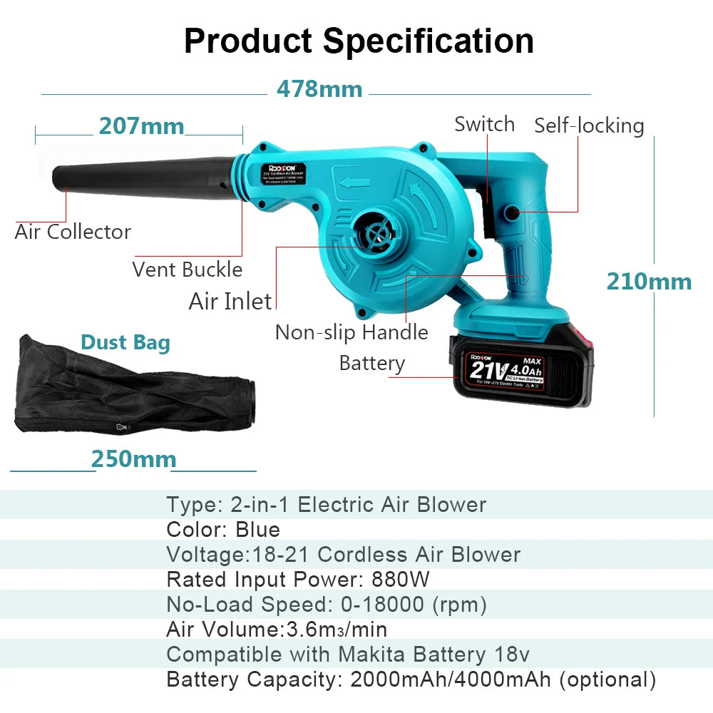 2 in 1 21V Cordless Electric Air Blower & Suction Leaf Computer Dust