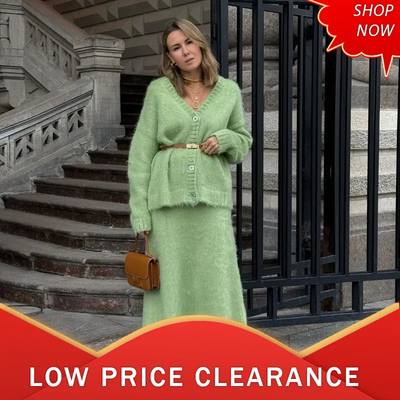 Elegant Solid Mohair Skirt Sets Women Autumn Knit V Neck Cardigan