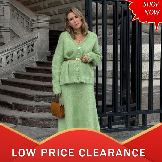 Elegant Solid Mohair Skirt Sets Women Autumn Knit V Neck Cardigan
