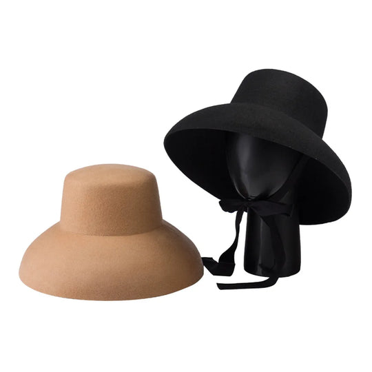 Vintage Elegant Autumn Winter Wool Felt Fedora Hat for Women Flat Top Wide Downturned Brim Hat with Tie Band Church Hat