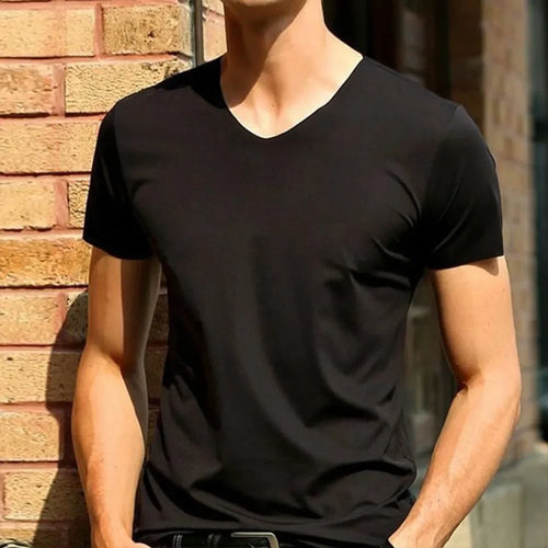 Summer Short Sleeve Men's Ice Silk Trackless T-shirts V-neck Slim Fit