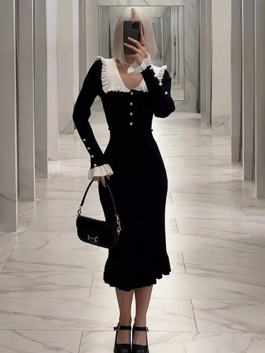 Tossy Ruffled Patchwork Knit Maxi Dress For Women Elegant Ribbed Long
