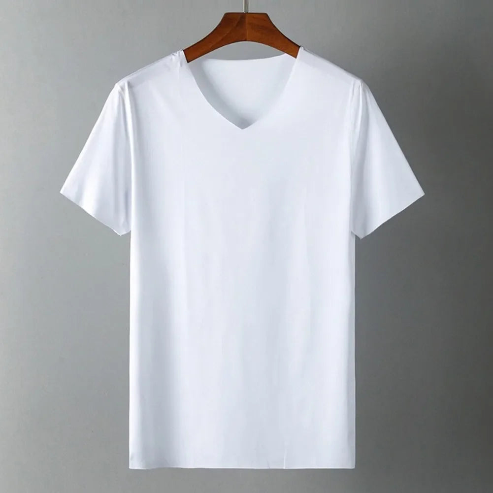 Summer Short Sleeve Men's Ice Silk Trackless T-shirts V-neck Slim Fit