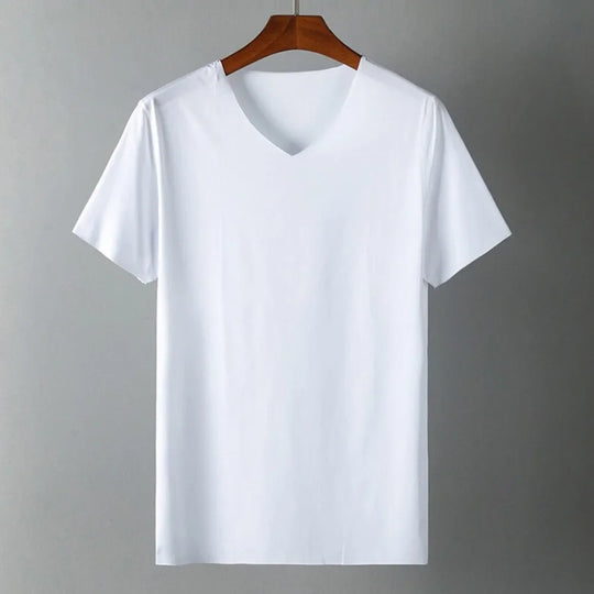 Summer Short Sleeve Men's Ice Silk Trackless T-shirts V-neck Slim Fit