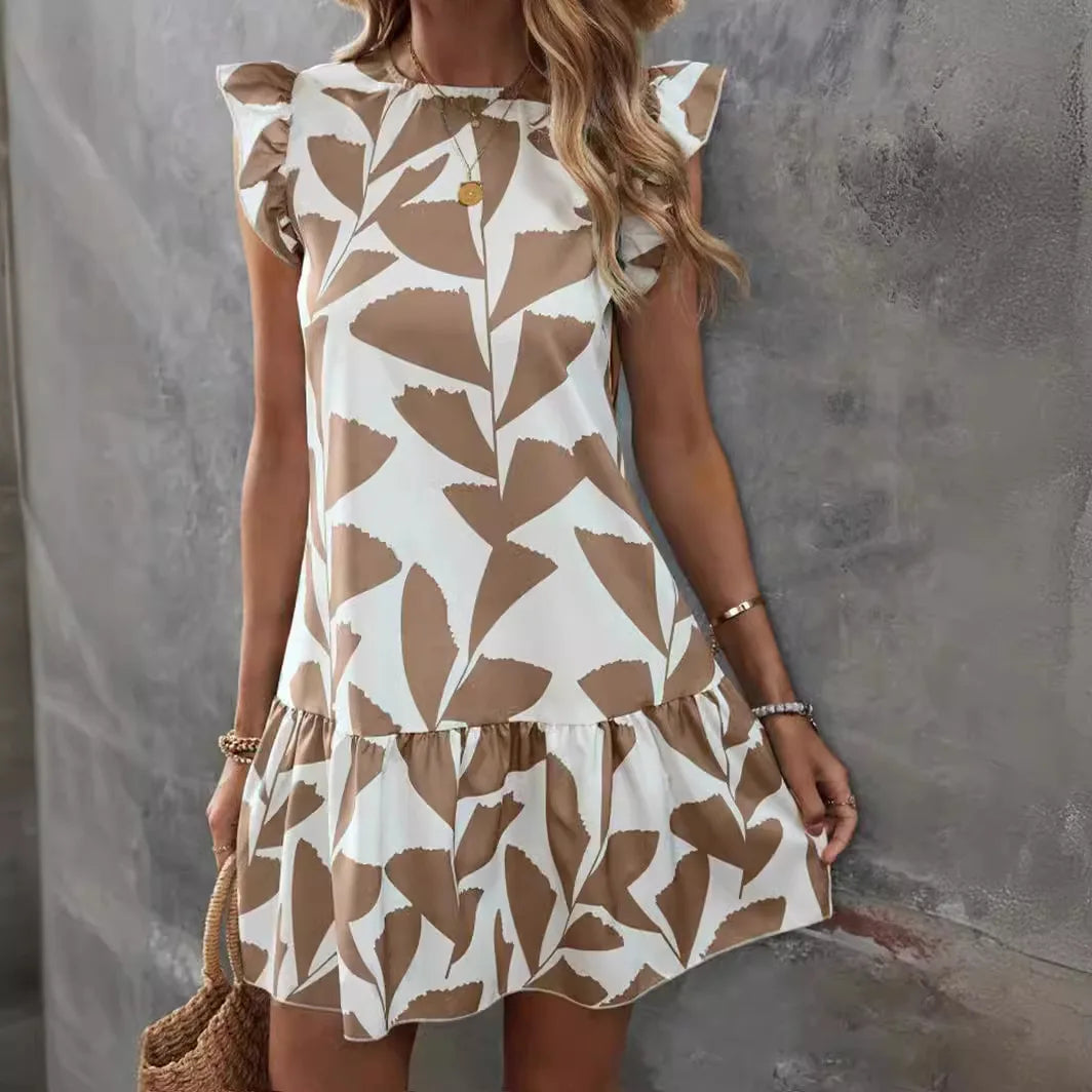 Casual loose ruffled short-sleeved dress summer women's 2024 new round neck floral elegant dress temperament elegant dress