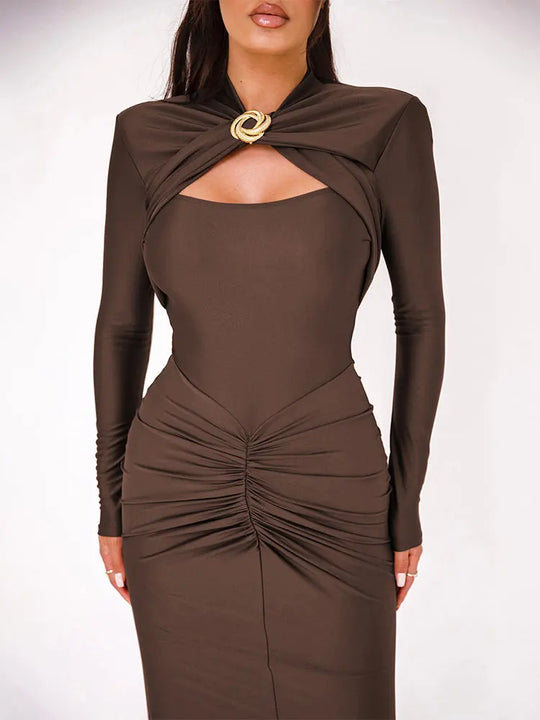 GACVGA Sexy Hollow Out Ruched Maxi Dress For Women Autumn Winter