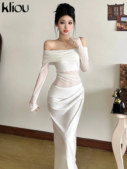 kliou Stacked Mesh Pleated Women Maxi Dress Fashion Hot See Through