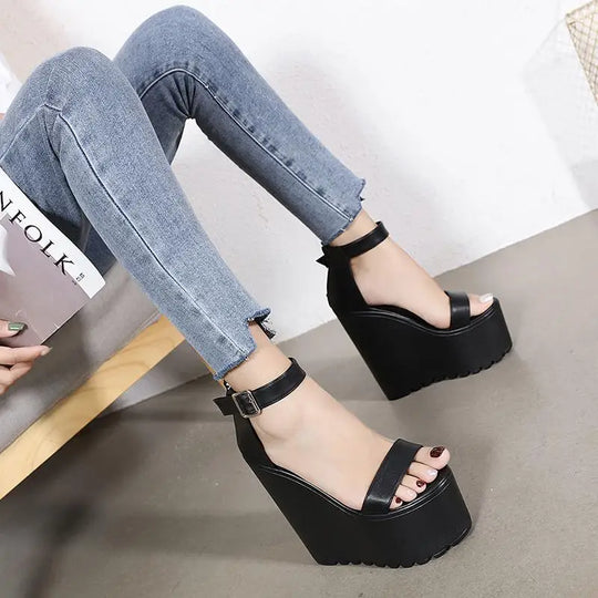 16cm White Wedge Heel New Summer Thick Heel Platform Dance Shoes Sexy T-stage Night Club Super High Heel Women's Sandals