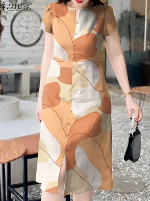 ZANZEA 2024 Summer Women Holiday Midi Dress Fashion Floral Print