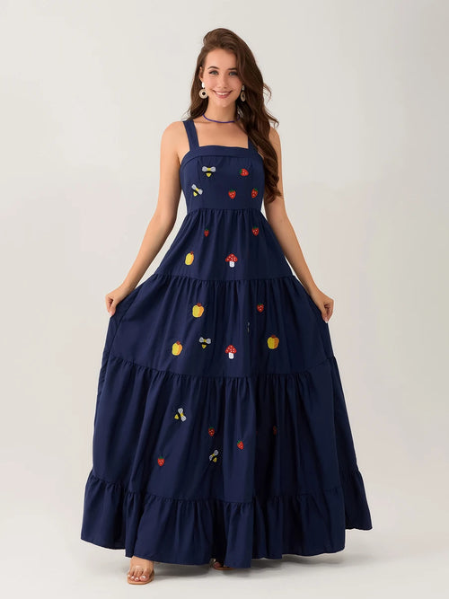 wsevypo Elegant Flower/Strawberry Embroidery Long Flowy Hem Dress